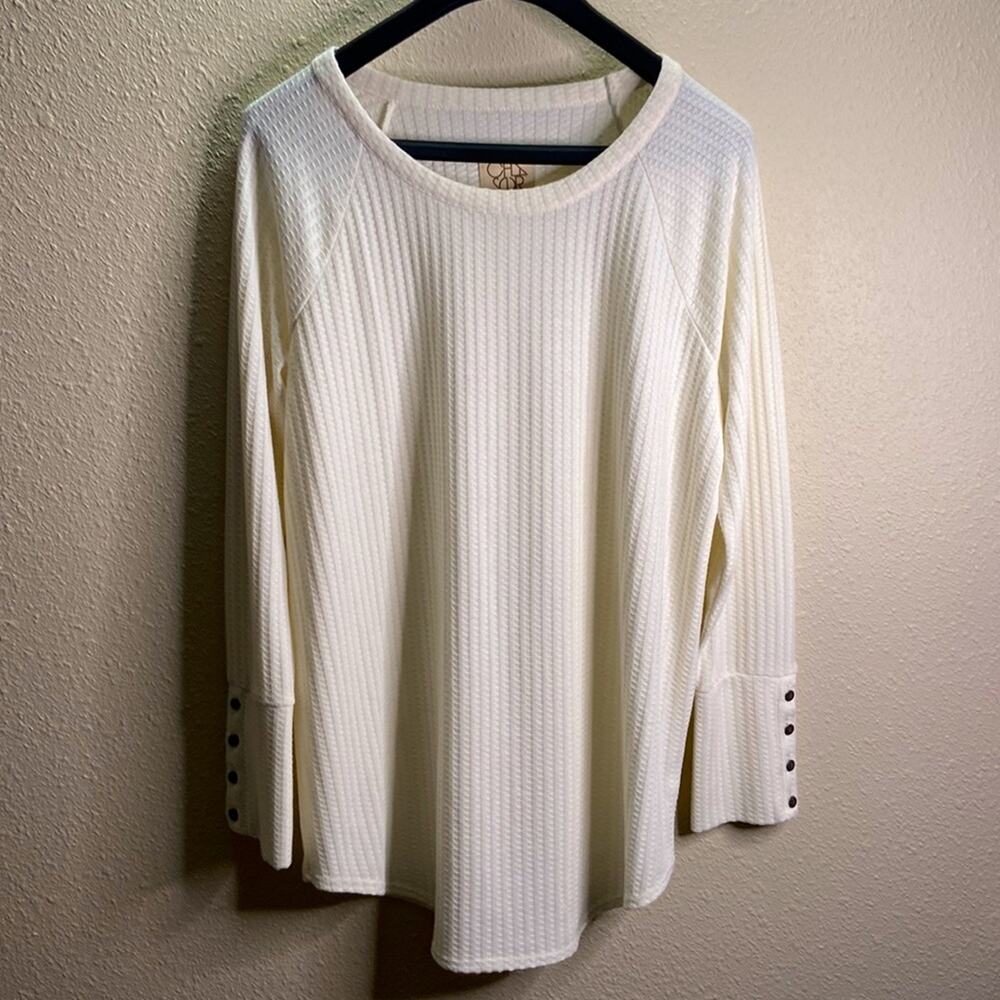 Chaser Women Cream Ribbed Waffle knit Long Sleeve Shirt XXL